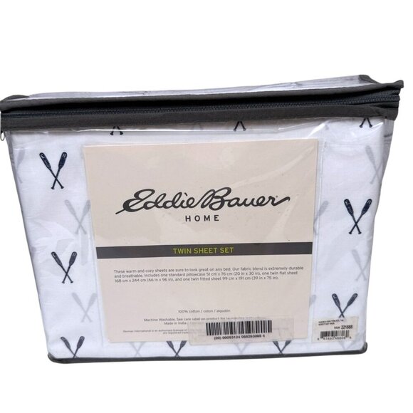 Eddie Bauer Twin Sheet Set Navy Blue Oars Nautical Print 100% Cotton Percale NWT - Picture 4 of 8
